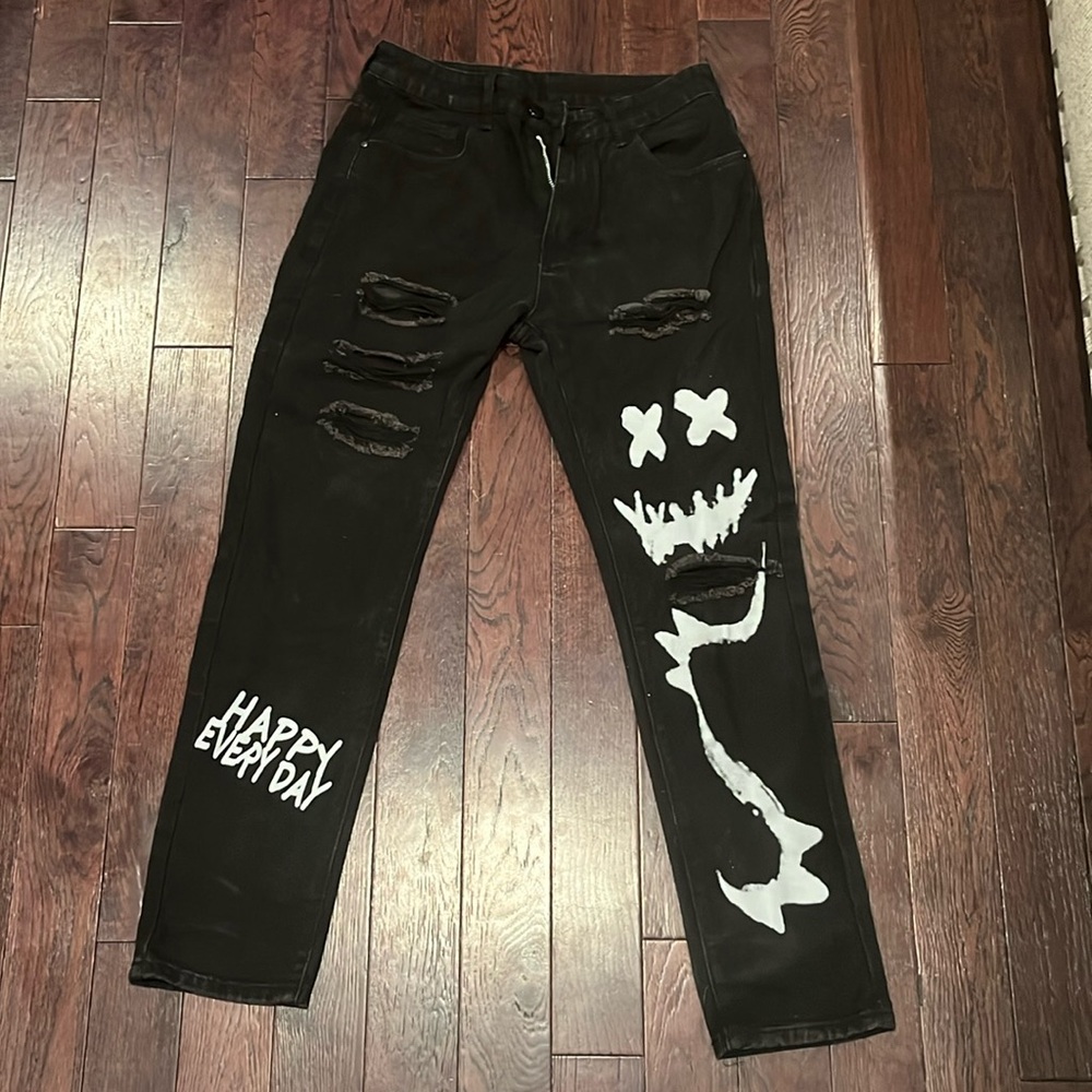 Black and Grey slim fit jeans, “happy everyday”